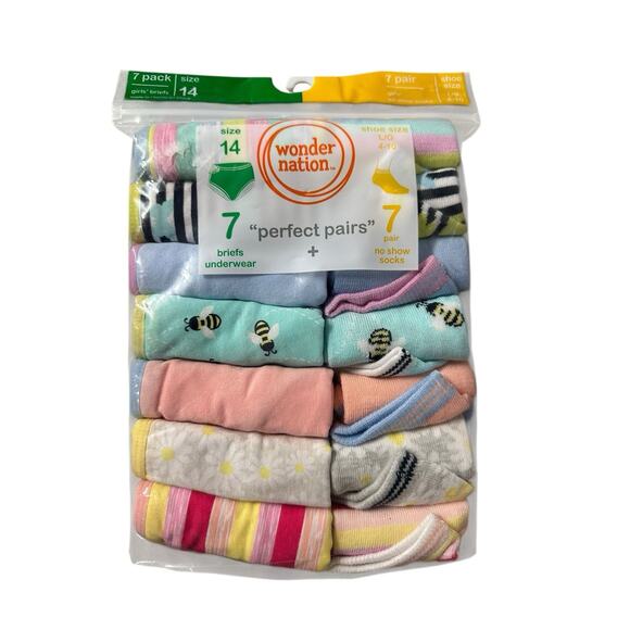 Wonder Nation Girls 7 Perfect Pairs 7 Briefs size 14 and 7 Socks L 4 to 10 New - Picture 1 of 9